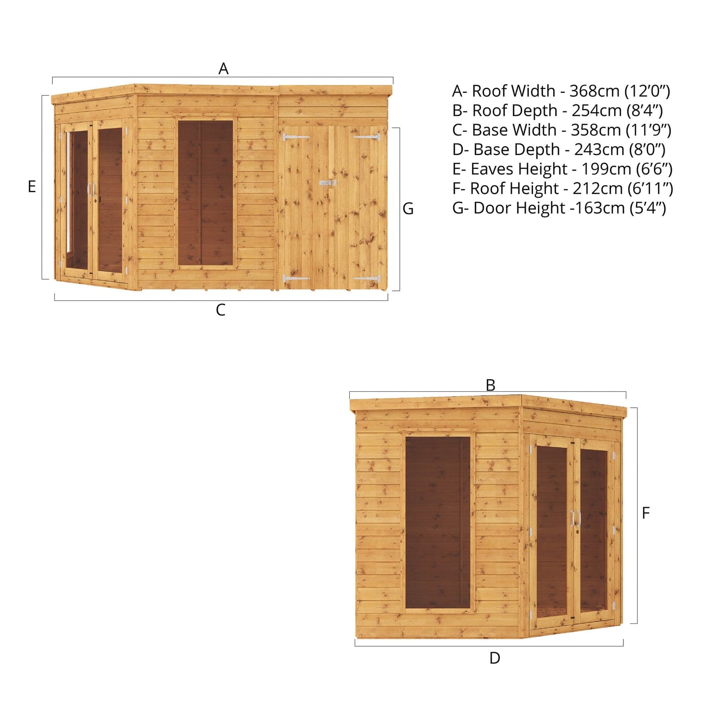 Mercia 12x8 Wooden Corner Summerhouse with Side Shed