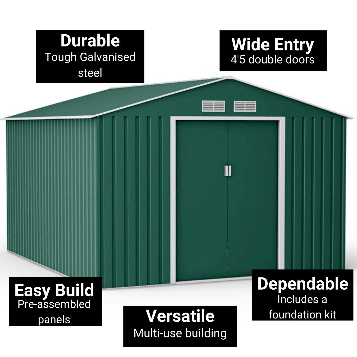 Lotus 9 x 10 Orion Apex Metal Shed With Foundation Kit - Dark Green