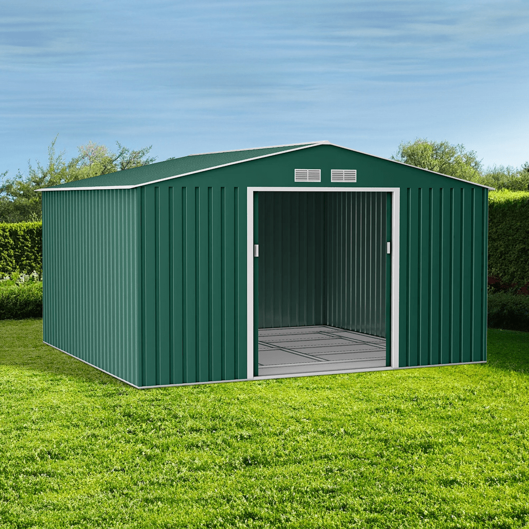 Lotus Orion 11 x 14 Apex Metal Shed With Foundation Kit - Dark Green