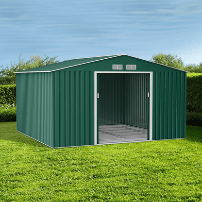 Lotus Orion 11 x 14 Apex Metal Shed With Foundation Kit - Dark Green
