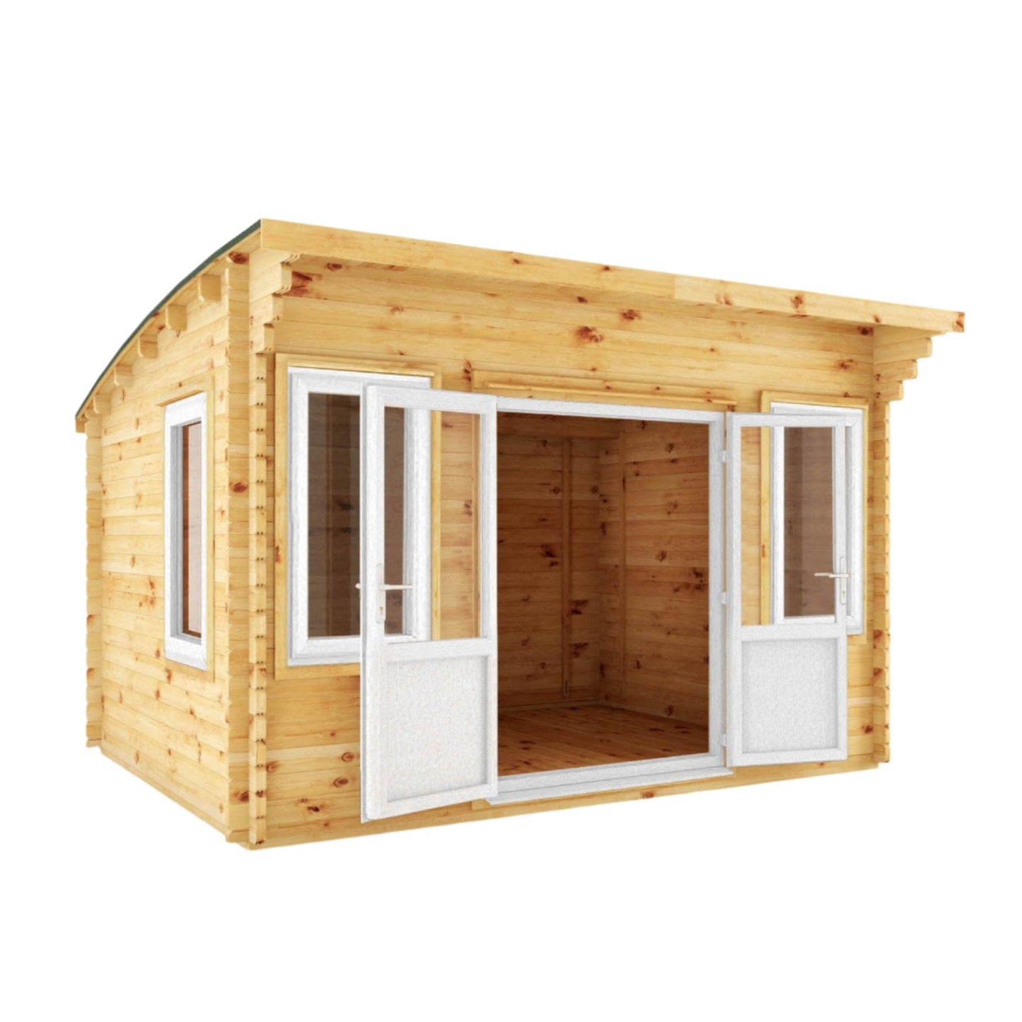 Mercia 13x10 (4m x 3m) Helios Curved Roof Log Cabin – 44mm UPVC White