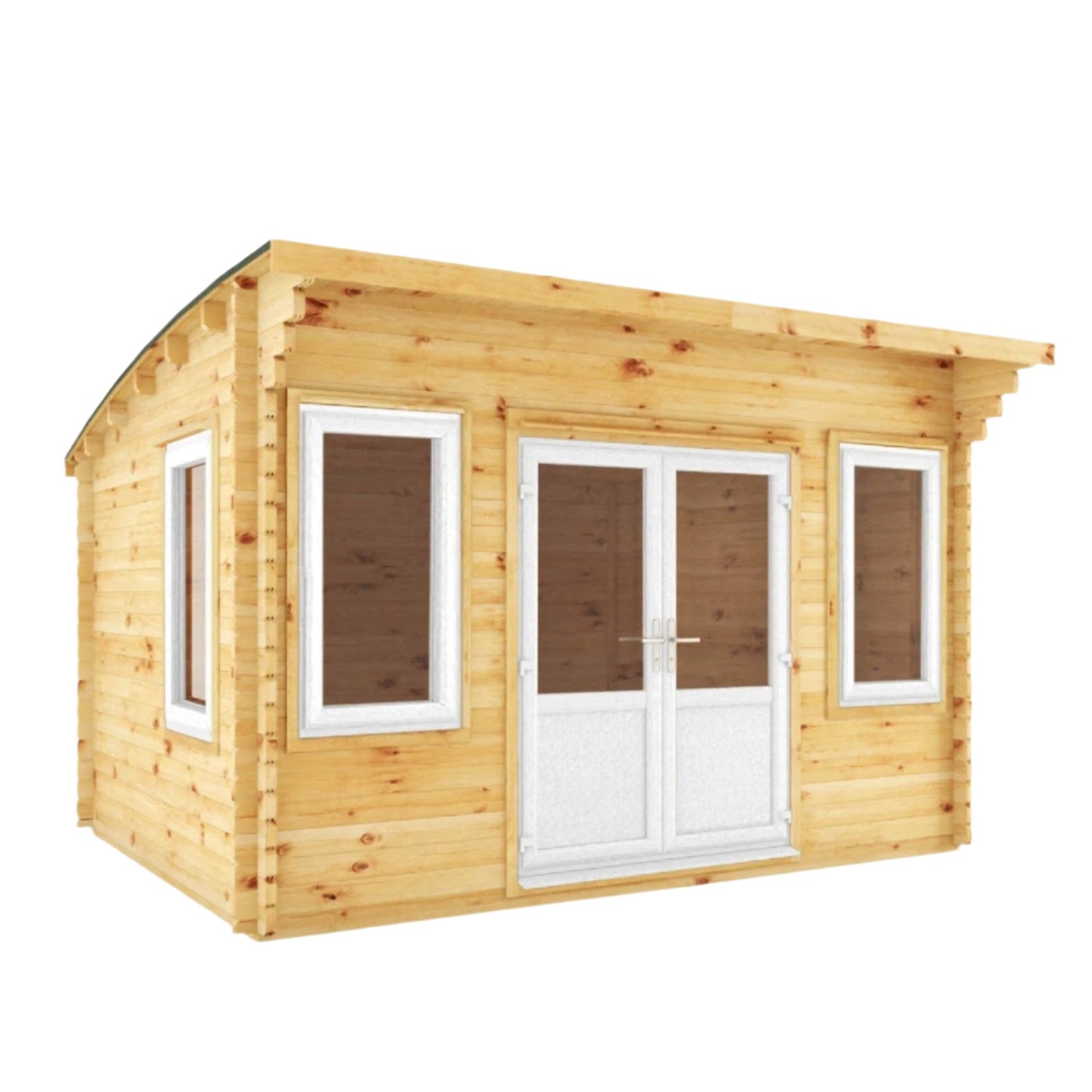 Mercia 13x10 (4m x 3m) Helios Curved Roof Log Cabin – 44mm UPVC White