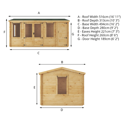 Mercia 17 x 10 (5.1m x 3m) Reverse Apex Log Cabin With Side Shed - 19mm