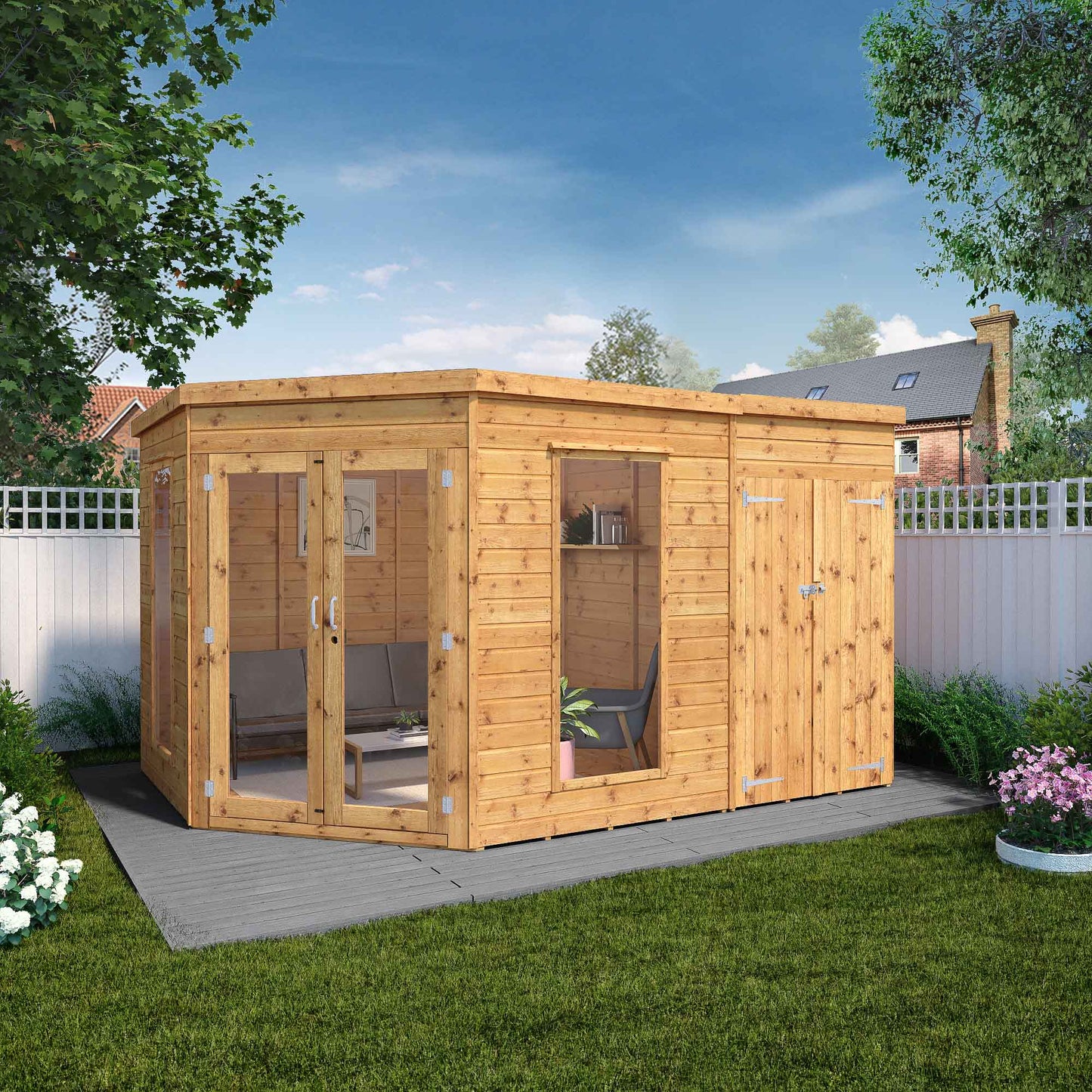 Mercia 12x8 Wooden Corner Summerhouse with Side Shed