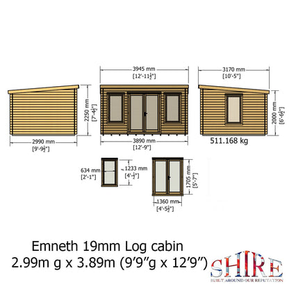 Shire Emneth 10 x 13 Pent Log Cabin in 19mm Logs