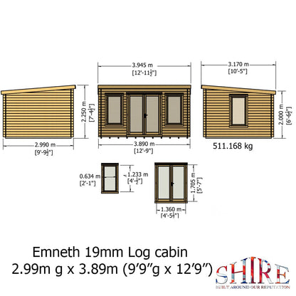 Shire Emneth 10 x 13 Pent Log Cabin in 19mm Logs