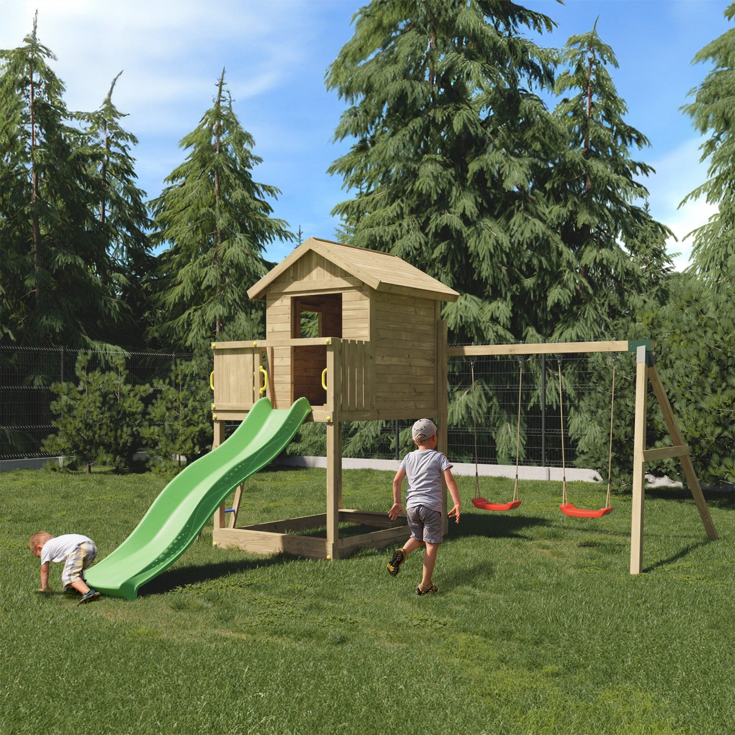 Shire Galaxy Playfort Wooden Climbing Frame with Slide and Swings