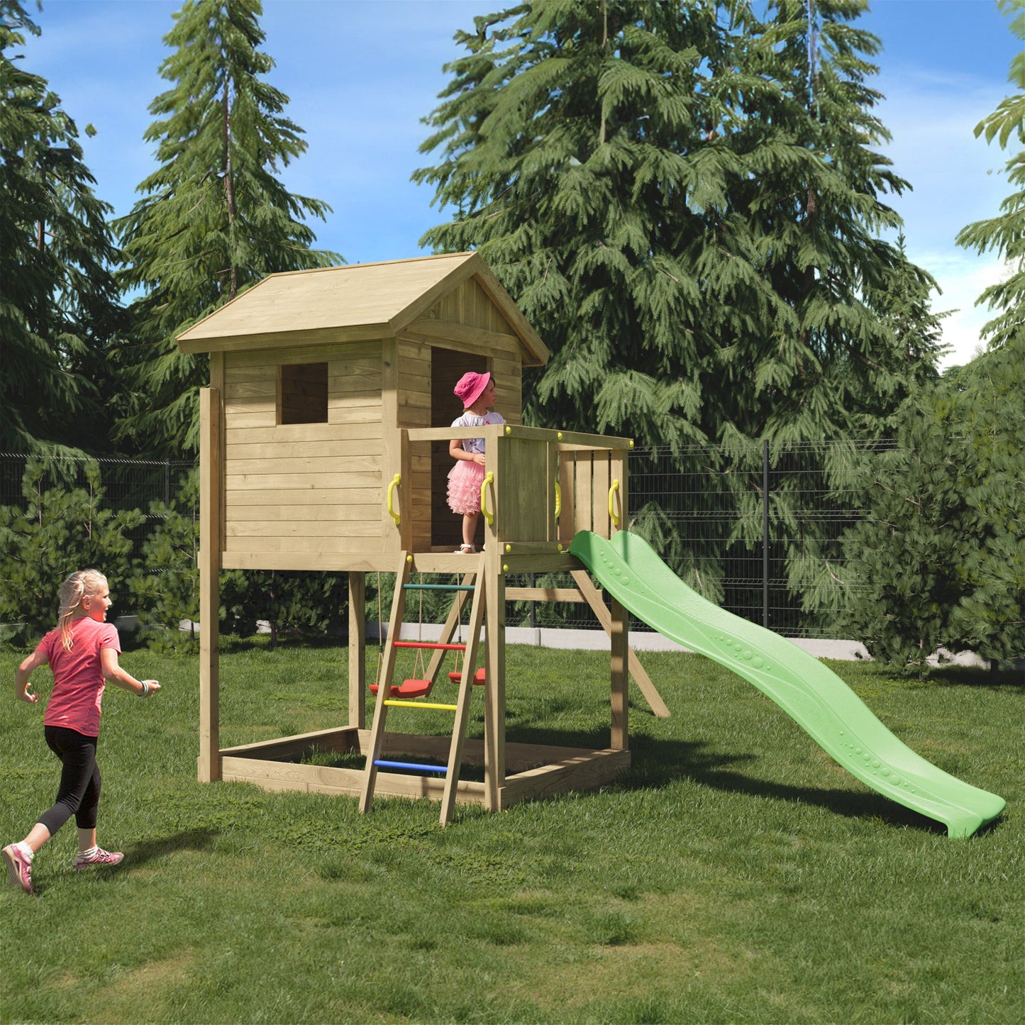 Shire Galaxy Playfort Wooden Climbing Frame with Slide and Swings