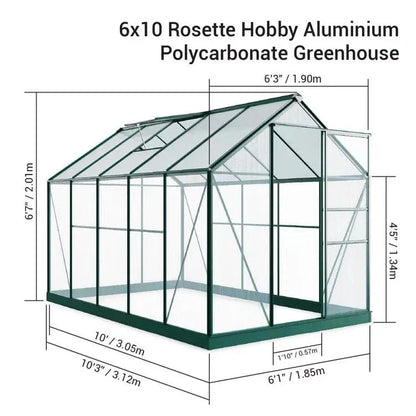 Rosette Hobby 6 x 10 Aluminium Greenhouse with Polycarbonate Glazing